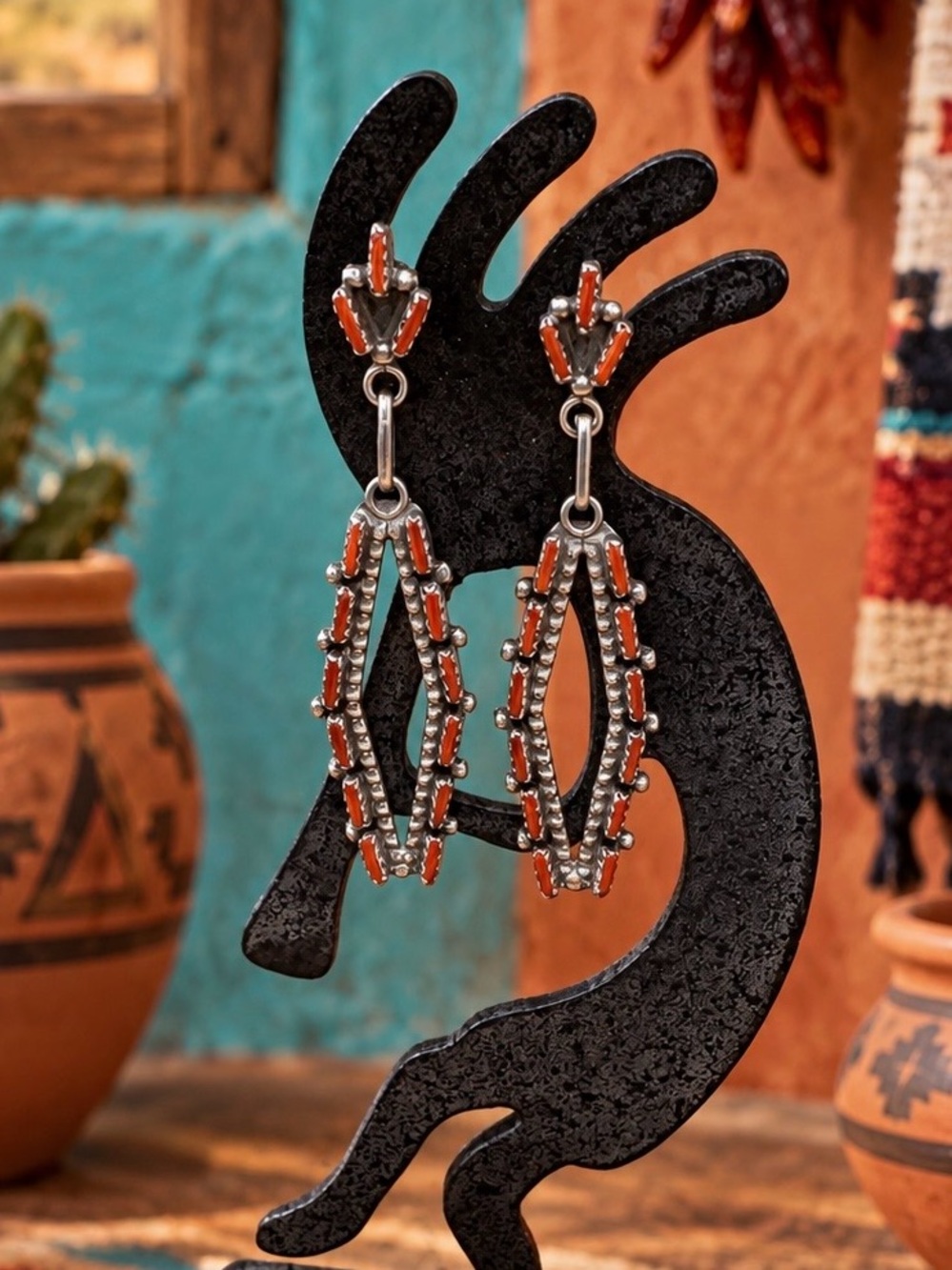 Vintage Zuni Native American Sterling Silver Coral Needlepoint Dangle Earrings
